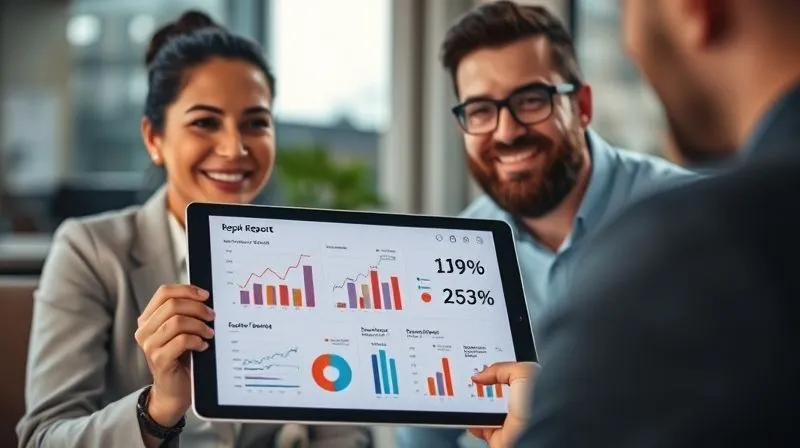 A photorealistic image of a freelancer presenting a clear, visually engaging report on a tablet to a client, with a positive and confident expression. The report shows upward trending graphs and key performance indicators. Cinematic lighting, sharp focus on the tablet and faces. 8K hyper-detailed, professional photography, depth of field, shot on a high-end DSLR.