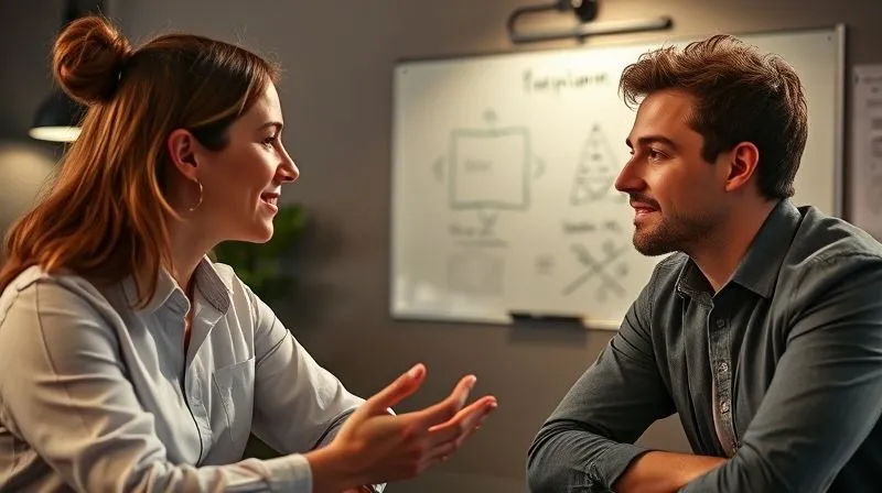 A photorealistic image of two people, a freelancer and a client, in a professional setting, engaged in a calm but focused discussion, with a whiteboard in the background showing a problem being solved collaboratively. The atmosphere is one of respectful negotiation. Cinematic lighting, sharp focus on their expressions. 8K hyper-detailed, professional photography, depth of field, shot on a high-end DSLR.