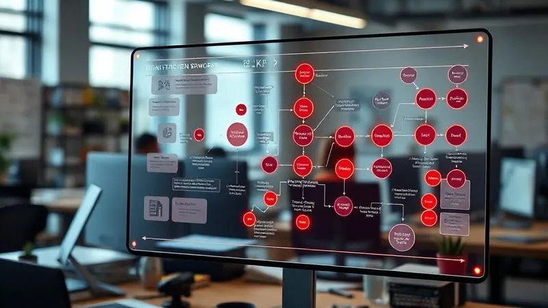A photorealistic image of a detailed flowchart on a transparent screen, overlaid on a busy freelancer's desk. The flowchart highlights bottlenecks and repetitive tasks with glowing red circles, while efficient paths are marked in green. Cinematic lighting, sharp focus on the diagram, depth of field blurring the office background. 8K hyper-detailed, professional photography.