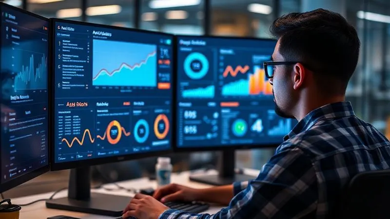 A photorealistic image of a freelancer looking intently at a multi-screen setup displaying various analytics dashboards. One screen shows Google Analytics data, another a custom-built dashboard with profit graphs and efficiency metrics. Cinematic lighting, sharp focus on the data, depth of field blurring the modern office background. 8K hyper-detailed, professional photography.