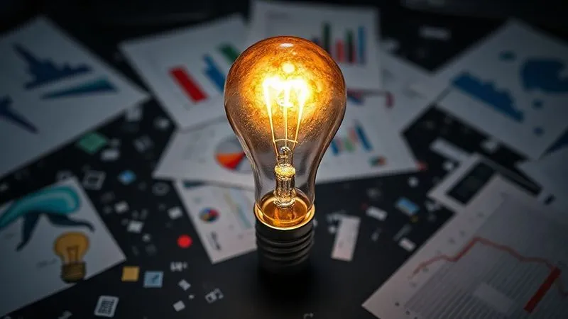 A photorealistic image of a single, illuminated light bulb on a dark desk, surrounded by scattered data charts and reports. The light bulb symbolizes a sudden insight or decision, contrasting with the complexity of the data around it, representing clarity emerging from analysis. Cinematic lighting, sharp focus on the light bulb, depth of field blurring the background. 8K hyper-detailed, professional photography.