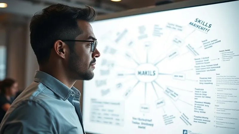 A photorealistic image of a freelancer, mid-thirties, diverse ethnicity, intensely focused on a glowing digital whiteboard filled with a complex mind map showing connections between skills, market needs, and unique value propositions. Cinematic lighting casts soft shadows, highlighting the strategic thinking. Sharp focus on the whiteboard and the freelancer's thoughtful expression, depth of field blurring the modern office background. 8K hyper-detailed, professional photography, shot on a high-end DSLR.