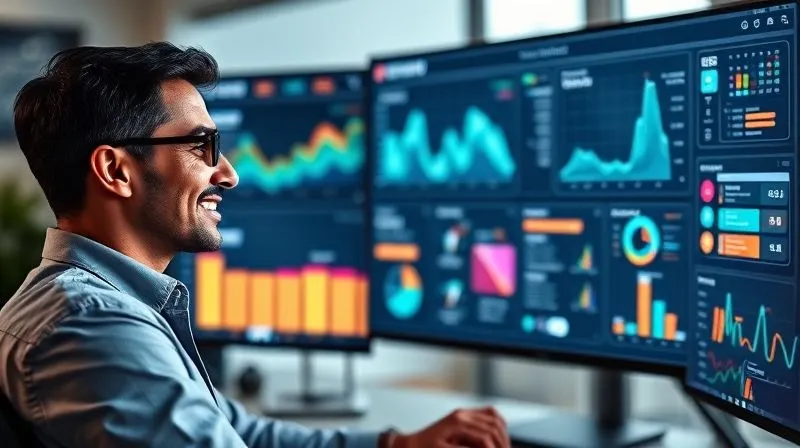 A photorealistic, professional photography, 8K image of a freelancer, mid-thirties, diverse ethnicity, confidently overseeing a dashboard on a large monitor, with smaller screens around showing various automated processes like email marketing, project management, and social media scheduling. The freelancer has a subtle smile of control and efficiency. Cinematic lighting emphasizes the digital glow from the screens, sharp focus on the freelancer's interaction with the technology, depth of field blurring the background of a modern, efficient workspace. Shot on a high-end DSLR.