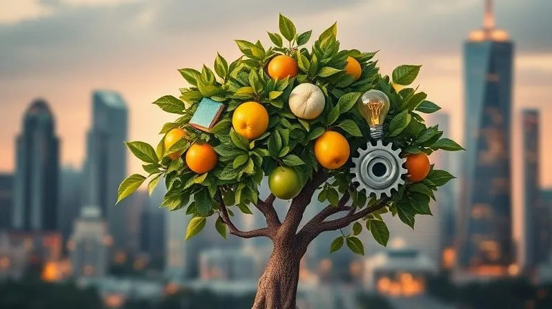A photorealistic, professional photography, 8K image of a stylized, thriving money tree with various types of fruits representing different income streams: a small book for digital products, a lightbulb for consulting, a cog for automated services, and a handshake for partnerships. The tree is vibrant and well-nourished, bathed in warm, cinematic lighting. Sharp focus on the tree and its diverse fruits, depth of field blurring a background of a modern, prosperous city skyline. Shot on a high-end DSLR.