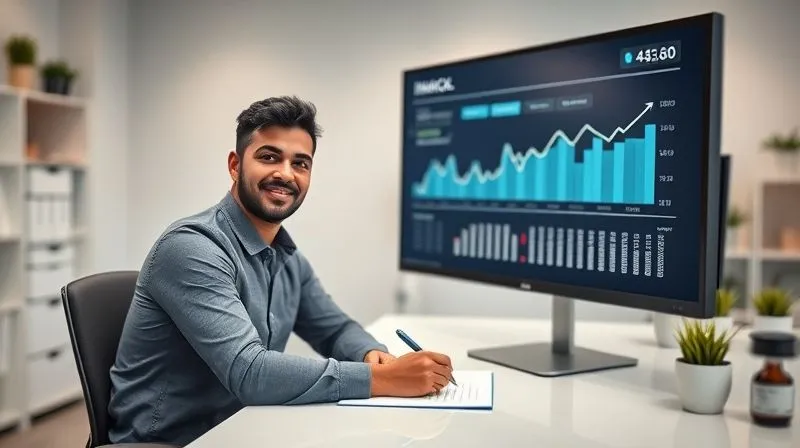 A photorealistic, professional photography, 8K image of a confident freelancer, mid-thirties, diverse ethnicity, sitting at a clean desk, looking at a large, clear financial dashboard on a monitor showing positive growth trends and well-managed budgets. The freelancer is smiling subtly, holding a pen, indicating strategic financial planning. Cinematic lighting creates a bright, optimistic atmosphere. Sharp focus on the freelancer and the dashboard, depth of field blurring a background of organized office space. Shot on a high-end DSLR.
