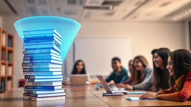 A photorealistic, professional photography, 8K, cinematic lighting, sharp focus, depth of field, shot on a high-end DSLR, showing a vibrant, glowing funnel metaphorically connecting a stack of digital ebooks to a diverse group of happy students in a virtual classroom setting. The ebooks are at the wider top of the funnel, and the students are at the narrower, converting end, symbolizing lead generation and conversion.