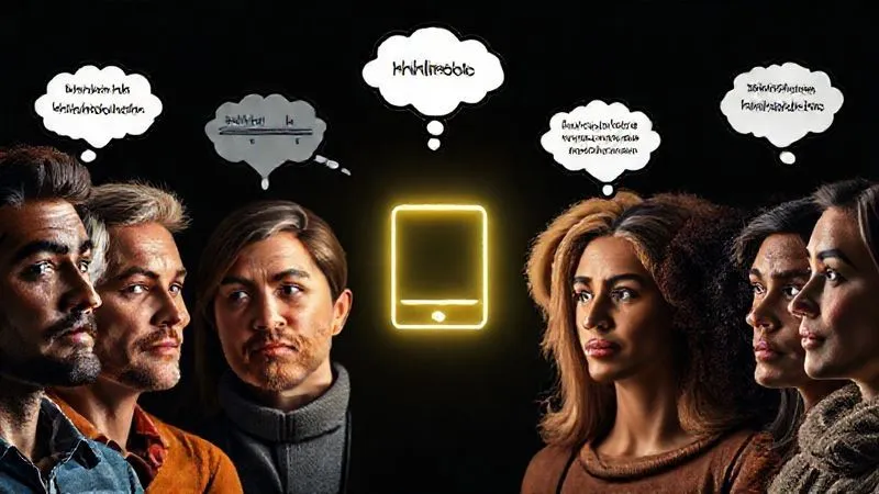 A photorealistic, professional photography, 8K, cinematic lighting, sharp focus, depth of field, shot on a high-end DSLR, showing a diverse group of people representing different 'avatars' or target audiences, each with a thought bubble above their head illustrating a specific problem or pain point they are experiencing, with a glowing ebook icon in the center symbolizing a solution.