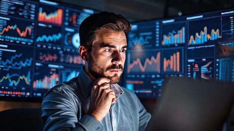 A photorealistic, professional photography, 8K, cinematic lighting, sharp focus, depth of field, shot on a high-end DSLR, showing a freelancer analyzing complex data on multiple screens, with various charts and graphs displaying conversion rates, email engagement, and student enrollment numbers. The freelancer has a thoughtful, focused expression, surrounded by a subtle glow representing insights and optimization.