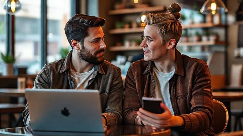 A photorealistic image of two people, one a freelancer with a laptop, the other a potential customer, engaged in a deep conversation, actively listening to each other, in a cozy coffee shop. Cinematic lighting, sharp focus on their expressions, depth of field, 8K, professional photography, shot on a high-end DSLR.