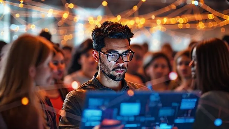 A photorealistic image of a diverse group of people interacting on a social media platform, represented by glowing lines connecting them, with a central figure (a freelancer) observing data points and comments on a screen. The scene is vibrant and dynamic, suggesting community engagement. Cinematic lighting, sharp focus on the digital interface and the freelancer's attentive face, depth of field, 8K, professional photography, shot on a high-end DSLR.