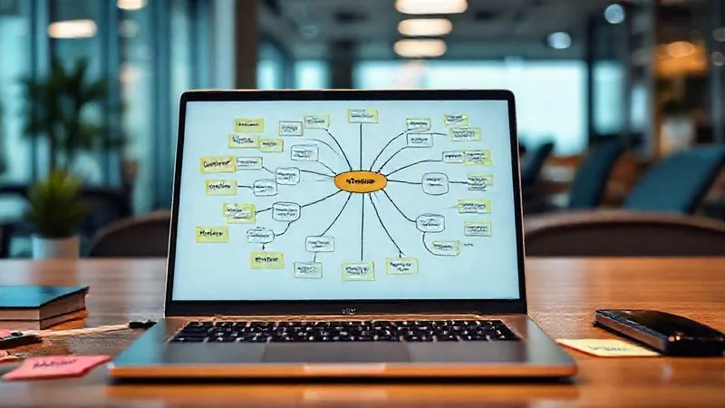 A photorealistic image of a freelancer's desk, with a laptop displaying a complex mind map or flow chart on its screen, illustrating the interconnected steps of idea validation. Sticky notes with keywords like 'User Research,' 'MVP,' 'Feedback Loop,' and 'Pivot' are arranged around the screen. Cinematic lighting, sharp focus on the laptop and notes, depth of field blurring a modern office background. 8K hyper-detailed, professional photography.