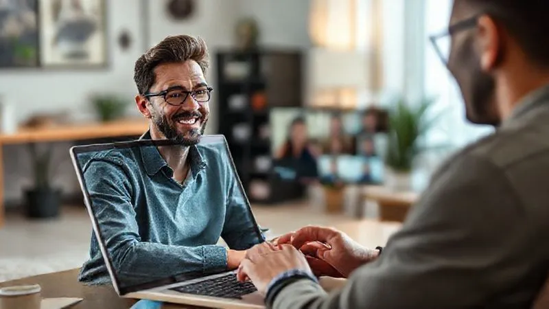 A photorealistic image of a freelancer conducting a user interview via video call, with a friendly and engaged expression. On the laptop screen, a diverse user is visible, providing feedback. The background is a clean, modern home office. Cinematic lighting, sharp focus on the freelancer and screen, depth of field. 8K hyper-detailed, professional photography.