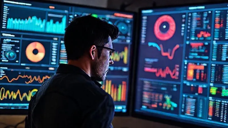 A photorealistic image of a freelancer analyzing a dashboard on a large monitor, displaying complex data visualizations, graphs, and user behavior flows from a software product. The freelancer is focused, perhaps pointing at a specific data point. Cinematic lighting, sharp focus on the screen and freelancer, depth of field. 8K hyper-detailed, professional photography.