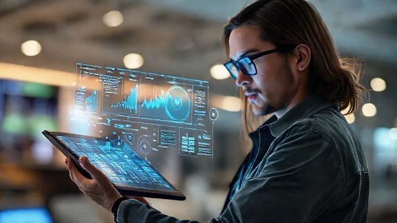 A photorealistic image of a freelancer interacting with an AI assistant on a tablet, which is displaying complex data visualizations and predictive analytics related to user behavior in a digital product. The AI assistant is represented by a subtle, glowing holographic interface. Cinematic lighting, sharp focus on the tablet and freelancer, depth of field. 8K hyper-detailed, professional photography.