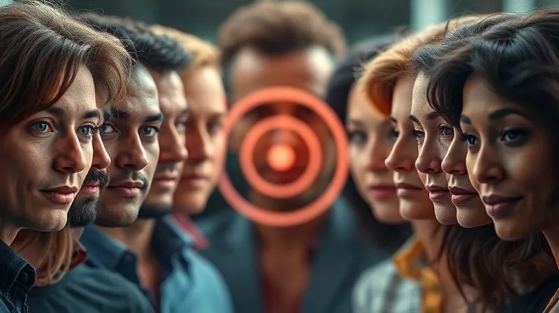 A photorealistic image of a diverse group of people's faces fading into a single, focused target icon, representing market segmentation and ideal customer profiling. Professional photography, 8K, cinematic lighting, sharp focus, depth of field, shot on a high-end DSLR.
