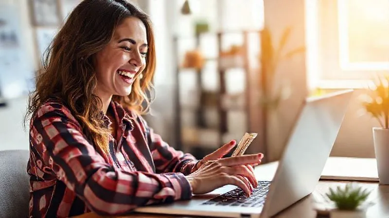 A photorealistic image of a freelancer joyfully depositing a significant amount of money into a savings account, represented by a digital interface on a laptop. The background shows a sunny, optimistic office space. Cinematic lighting, sharp focus on the hands and screen, depth of field blurring the background, 8K hyper-detailed, professional photography, shot on a high-end DSLR.