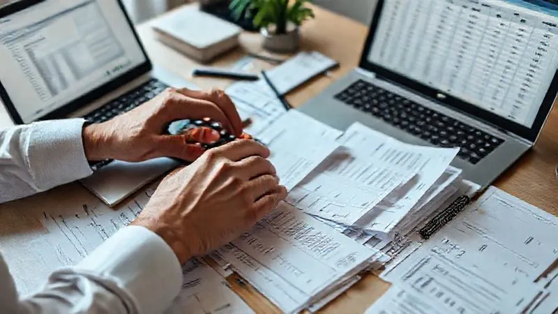 A photorealistic image of a person meticulously organizing receipts and bills on a desk, categorizing them with labels. A calculator and a budget spreadsheet are visible on a laptop screen. Cinematic lighting, sharp focus on the hands and documents, depth of field blurring the background, 8K hyper-detailed, professional photography, shot on a high-end DSLR.