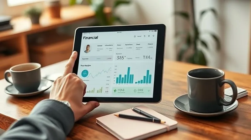 A photorealistic image of a freelancer's hand using a tablet displaying a financial app with categorized expenses and income graphs, with a coffee mug and a notebook on a wooden desk in a modern home office. Cinematic lighting, sharp focus on the tablet, depth of field blurring the background, 8K hyper-detailed, professional photography.