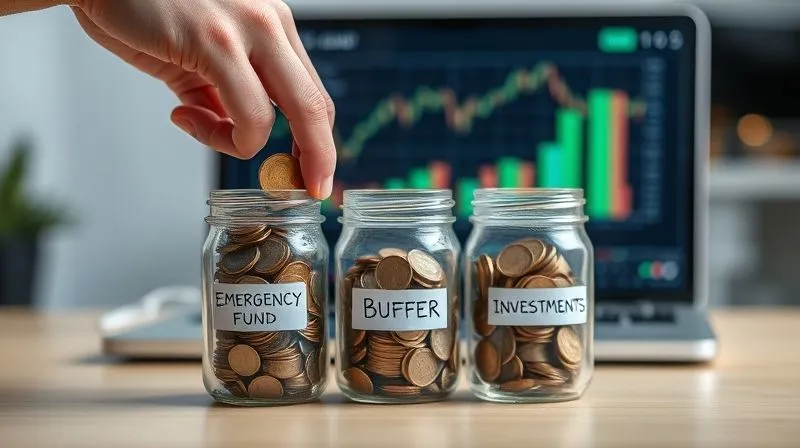 A photorealistic image of a freelancer's hand carefully placing coins into a series of transparent jars labeled 'Emergency Fund', 'Buffer', and 'Investments', with a laptop displaying financial charts in the background, cinematic lighting, sharp focus on the freelancer's hand, depth of field gently blurring the background, 8K hyper-detailed, professional photography.