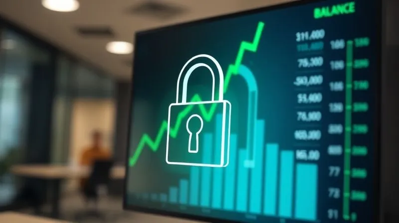 A photorealistic image of a secure digital padlock icon superimposed on a screen displaying a bank account balance, representing financial security and protection. The screen shows a green upward trend line, with a blurred background of a modern office, cinematic lighting, sharp focus on the padlock and screen, 8K hyper-detailed, professional photography.