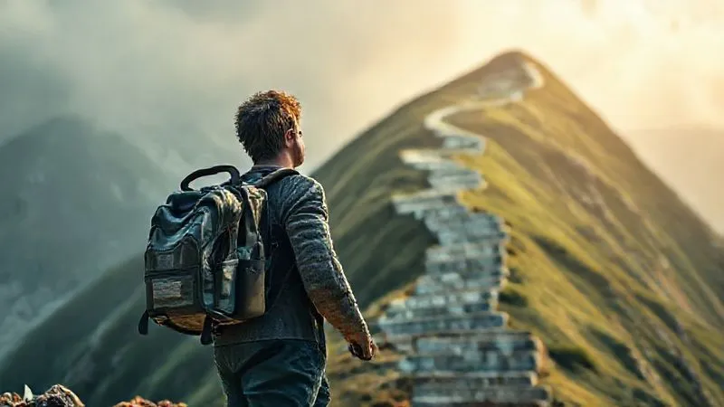 A photorealistic image of a person standing at the base of a steep, winding mountain path, looking up at the summit, with a backpack on. The path is made of currency notes, representing financial ups and downs. The person has a determined yet slightly apprehensive expression, cinematic lighting, sharp focus, depth of field, 8K hyper-detailed, shot on a high-end DSLR, professional photography.