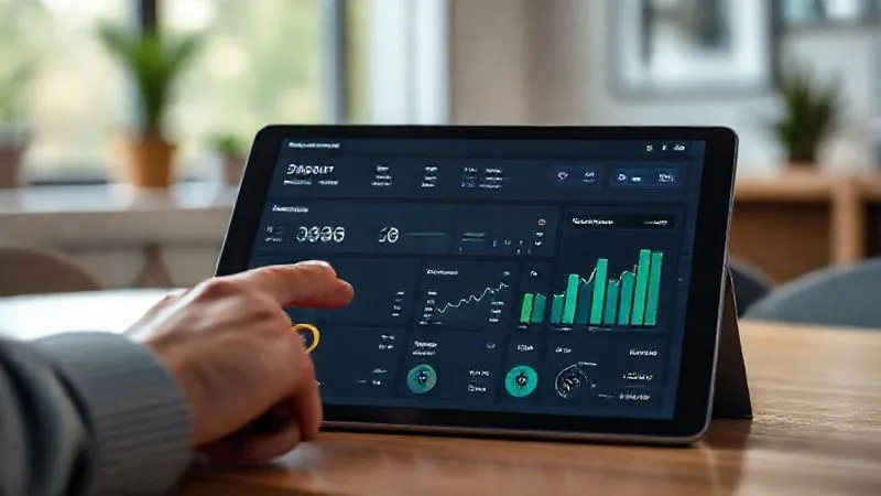 A photorealistic image of a sophisticated financial dashboard on a tablet screen, showing automated transfers, savings goals, and fluctuating income graphs, with a hand pointing to a 'savings' section. The background is slightly blurred, showing a modern home office, cinematic lighting, sharp focus on the tablet, depth of field, 8K hyper-detailed, shot on a high-end DSLR, professional photography.