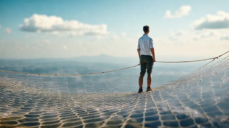 A photorealistic image of a person standing on a flexible, elastic financial safety net, looking confidently at a horizon filled with opportunities (represented by blurred, positive images of learning, investing, and travel). The net is supported by strong, visible ropes representing financial strategies. Cinematic lighting, sharp focus on the person, depth of field blurring the background, 8K hyper-detailed, shot on a high-end DSLR, professional photography.