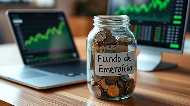 A photorealistic image of a transparent glass jar, partially filled with coins and banknotes, labeled 'Fundo de Emergência'. The jar is sitting on a modern wooden desk next to a laptop displaying a financial dashboard with green upward trends. Cinematic lighting, sharp focus on the jar, depth of field, 8K hyper-detailed, professional photography, shot on a high-end DSLR.