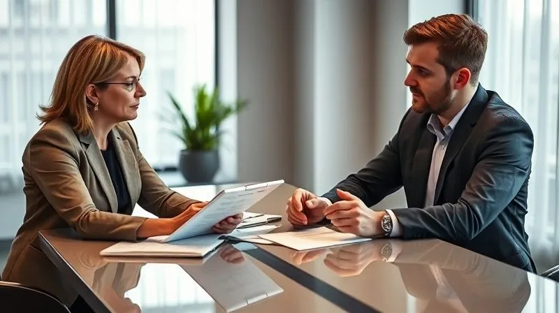 A photorealistic image of a professional financial advisor, a woman in her 40s, engaging in a serious but reassuring conversation with a male freelancer in his 30s. They are seated at a sleek modern office table, with financial documents and a tablet open between them. Soft, cinematic lighting illuminates their faces, highlighting expressions of trust and understanding. Sharp focus on their interaction, depth of field blurring the background office environment, 8K hyper-detailed, professional photography, shot on a high-end DSLR.