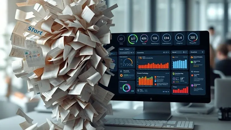 A photorealistic image depicting a chaotic swirl of papers and digital screens on one side, gradually transforming into an organized, minimalist digital dashboard with clear tasks and progress bars on the other. Cinematic lighting, sharp focus on the transition, depth of field blurring the background, 8K hyper-detailed, professional photography, shot on a high-end DSLR.
