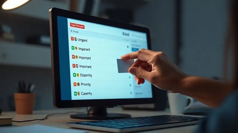 A photorealistic image of a freelancer's desk with a prominent digital screen displaying a meticulously organized and color-coded task list, with clear labels for 'Urgent', 'Important', 'Low Priority'. A hand is seen dragging a task card to a higher priority section. Cinematic lighting, sharp focus on the screen, depth of field blurring the background, 8K hyper-detailed, professional photography, shot on a high-end DSLR.