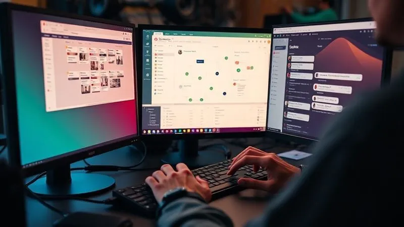 A photorealistic image of a freelancer's multi-monitor setup, with each screen displaying a different agile project management tool: one showing a Trello board, another a Notion dashboard, and a third with a Slack conversation. The freelancer's hands are actively typing, demonstrating seamless integration and control. Cinematic lighting, sharp focus on the screens, depth of field blurring the background, 8K hyper-detailed, professional photography, shot on a high-end DSLR.