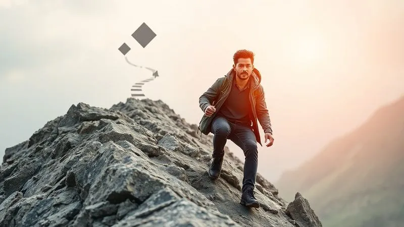 A photorealistic image of a freelancer, with a determined expression, metaphorically climbing a steep, rocky path composed of various project management challenges (represented by abstract shapes), with a clear, organized path emerging at the top. Cinematic lighting, sharp focus on the freelancer, depth of field blurring the background, 8K hyper-detailed, professional photography, shot on a high-end DSLR.