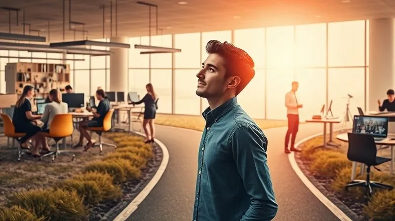 A photorealistic image of a person at a crossroads, one path leading to a vibrant, collaborative office environment with people working together, and the other to a solitary, focused home office. The person is looking towards the office path with a thoughtful, hopeful expression, symbolizing a shift in mindset. Cinematic lighting, sharp focus, 8K hyper-detailed.