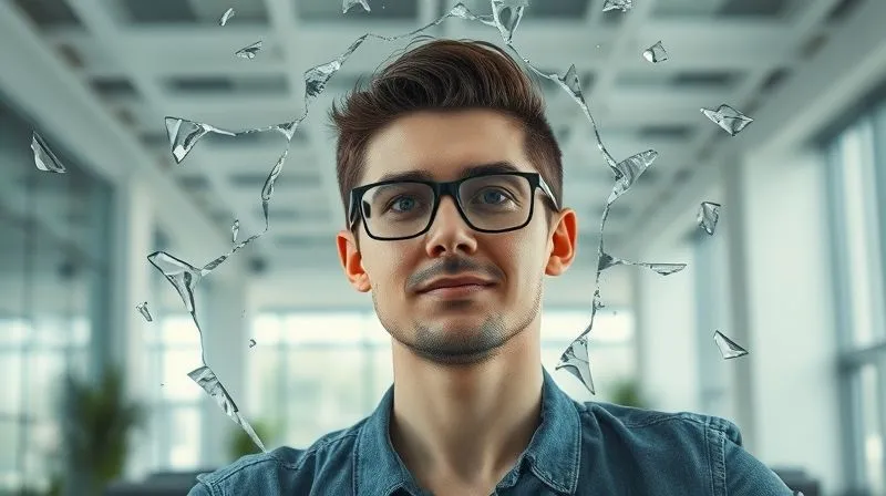 A photorealistic image of a person confidently breaking through a metaphorical glass ceiling, with shards of glass representing old perceptions falling away. The background is a bright, open corporate office. The person's face shows determination and triumph. Cinematic lighting, sharp focus, 8K hyper-detailed.