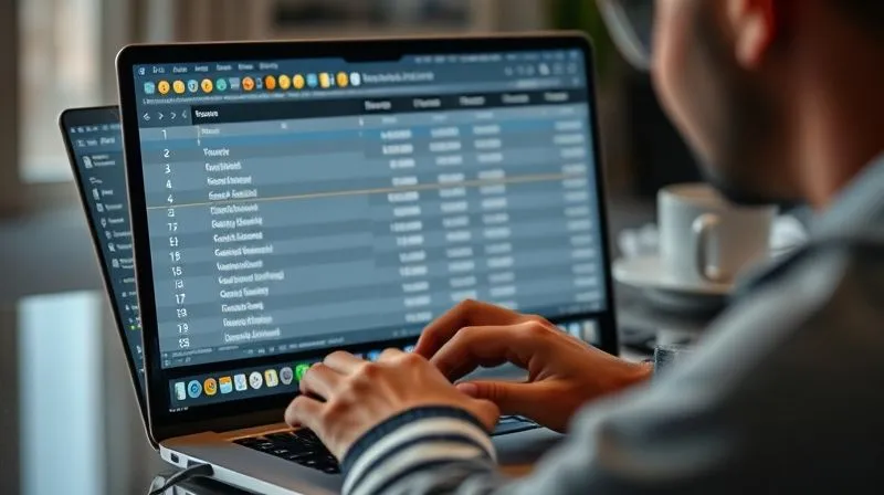 A photorealistic image of a freelancer looking at a laptop screen displaying a spreadsheet for tax calculation, with various cryptocurrency icons and Brazilian Reais symbols, cinematic lighting, sharp focus on the screen and hands, depth of field, 8K hyper-detailed, professional photography, shot on a high-end DSLR.