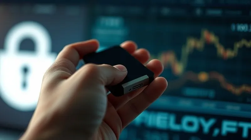 A photorealistic image of a hand holding a sleek, modern hardware cryptocurrency wallet (cold wallet) like Ledger or Trezor, with a faint digital glow emanating from it, contrasting with a blurred background of a secure digital interface. Cinematic lighting, sharp focus on the device, depth of field, 8K hyper-detailed, professional photography, shot on a high-end DSLR.