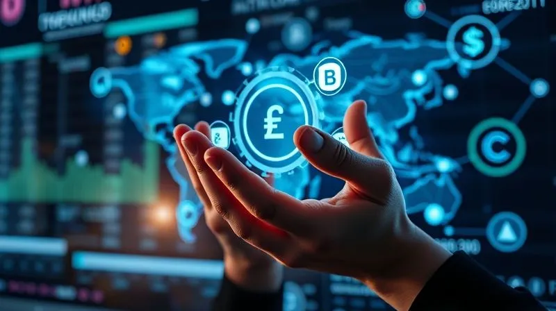 A photorealistic image showing a futuristic digital interface with cryptocurrency charts, decentralized finance (DeFi) symbols, and interconnected global networks. Hands are interacting with holographic projections, representing innovation and future trends in finance. Cinematic lighting, sharp focus, depth of field, 8K hyper-detailed, professional photography, shot on a high-end DSLR.
