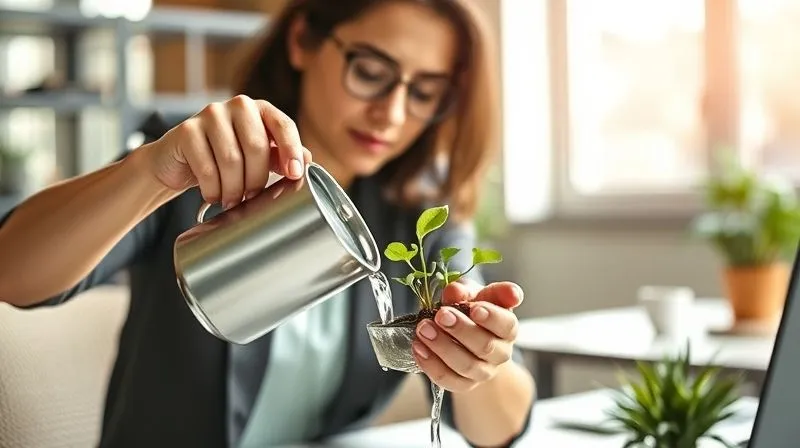 A photorealistic image of a freelancer carefully watering a small, flourishing plant that symbolizes a professional relationship, in a modern, sunlit office environment. The freelancer has a thoughtful, nurturing expression. Cinematic lighting, sharp focus on the plant and hands, depth of field blurring the background, 8K hyper-detailed.