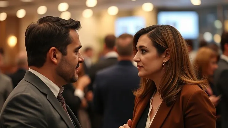 A photorealistic image of two professionals deeply engaged in conversation at a networking event, one person actively listening with a thoughtful expression, the other speaking with animation. Soft, warm ambient lighting, sharp focus on their faces, depth of field blurring the busy background of the event. Shot on a high-end DSLR, 8K hyper-detailed.