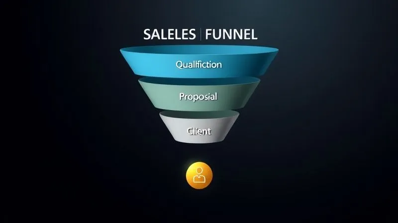 A photorealistic, sleek infographic showing a sales funnel with distinct stages: 'Connection', 'Qualification', 'Proposal', 'Client'. Each stage is represented by a decreasing segment with a clear label, and arrows indicate the flow. The top is wide, narrowing down to a single, golden client icon at the bottom. Cinematic lighting, sharp focus, 8K hyper-detailed.