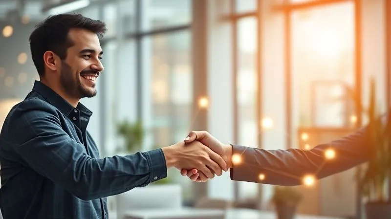 A photorealistic image of a freelancer and a long-term client smiling and shaking hands warmly in a modern office, symbolizing a strong, enduring business relationship. A subtle, glowing network of connections radiates from them. Cinematic lighting, sharp focus on their faces and hands, depth of field blurring the background, 8K hyper-detailed.