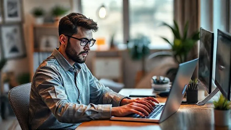 A photorealistic image of a freelancer working diligently on a laptop in a modern, well-lit home office, surrounded by subtle branding elements that reflect their unique professional identity. The freelancer has a focused expression, and the environment suggests professionalism and creativity. Cinematic lighting, sharp focus on the freelancer and their workspace, depth of field blurring the background, 8K hyper-detailed, shot on a high-end DSLR.