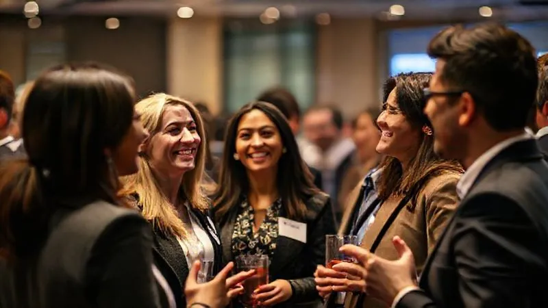 A photorealistic, professional photography image of a diverse group of professionals engaged in a lively discussion at a networking event, sharing ideas and building rapport. They are smiling, making eye contact, and showing active listening, with a vibrant yet sophisticated atmosphere. Cinematic lighting, sharp focus on the interaction, depth of field blurring the background, 8K hyper-detailed, shot on a high-end DSLR.