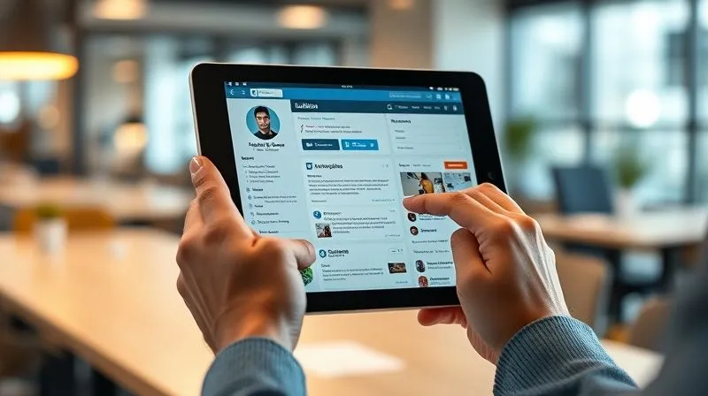 A photorealistic image of a freelancer's hand scrolling through a perfectly optimized LinkedIn profile on a tablet, with professional photography, cinematic lighting, sharp focus on the profile details, depth of field blurring a modern office background, 8K hyper-detailed.