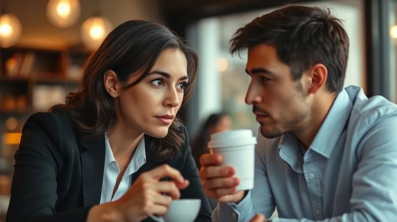 A photorealistic image of two professionals engaged in deep conversation over coffee, one actively listening with a thoughtful expression, the other speaking. The scene has soft, cinematic lighting, sharp focus on their faces, depth of field blurring the cafe background, 8K hyper-detailed.