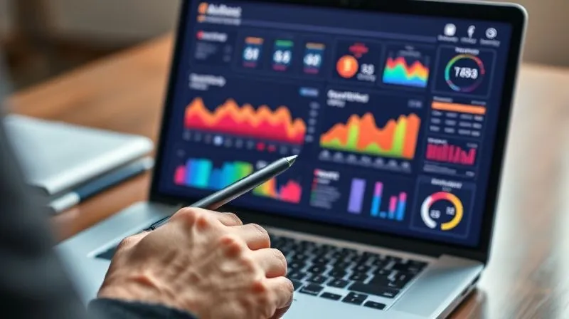 A photorealistic image of a freelancer's hand holding a stylus, pointing at a dashboard on a laptop screen displaying various networking metrics (connection acceptance rate, response rate, conversion rate) with vibrant, clear data visualizations. Cinematic lighting, sharp focus on the screen, depth of field blurring the background, 8K hyper-detailed.