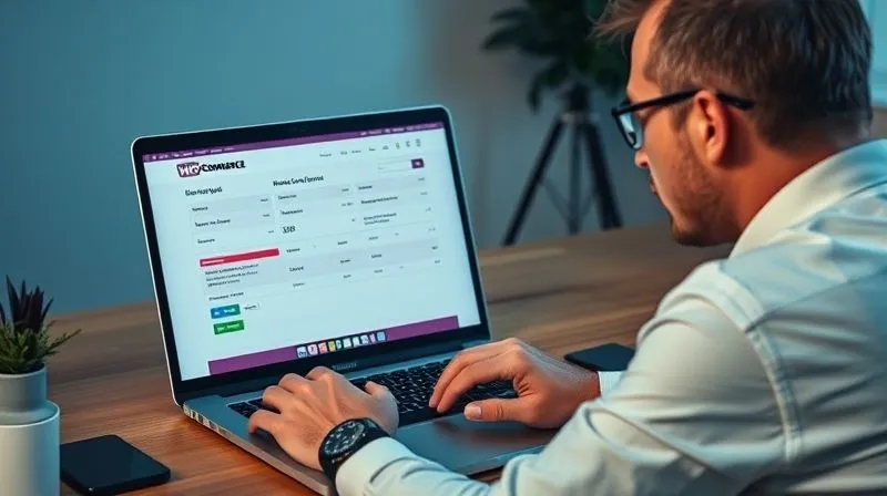 A photorealistic image of a person sitting at a desk, looking frustrated at a laptop screen displaying a WooCommerce checkout page with a partially filled cart. The screen shows small, complex forms and unexpected shipping costs. Cinematic lighting, sharp focus on the person's face and screen, depth of field, 8K hyper-detailed, professional photography.