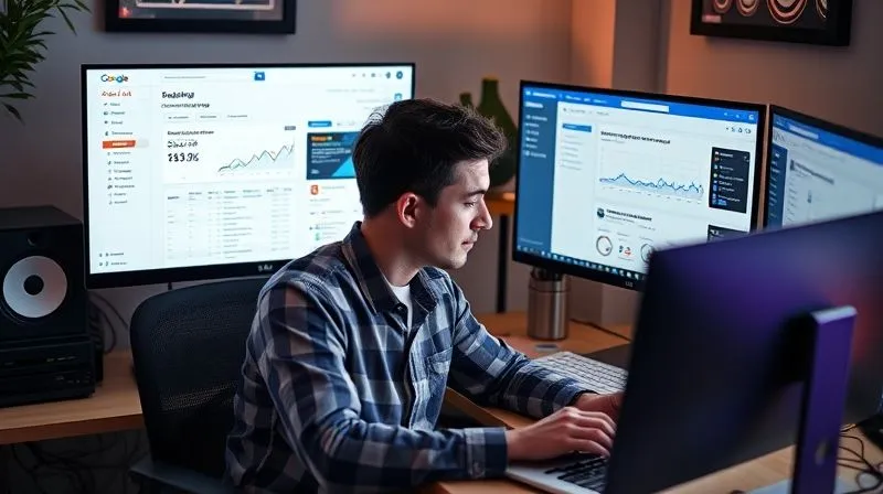 A photorealistic image of a multi-screen setup in a freelancer's home office. One screen shows Google Ads dashboard with remarketing campaign stats, another shows Facebook Ads manager. A focused individual is working diligently, surrounded by data visualizations. Cinematic lighting, sharp focus on the screens and the freelancer, depth of field, 8K hyper-detailed, professional photography.