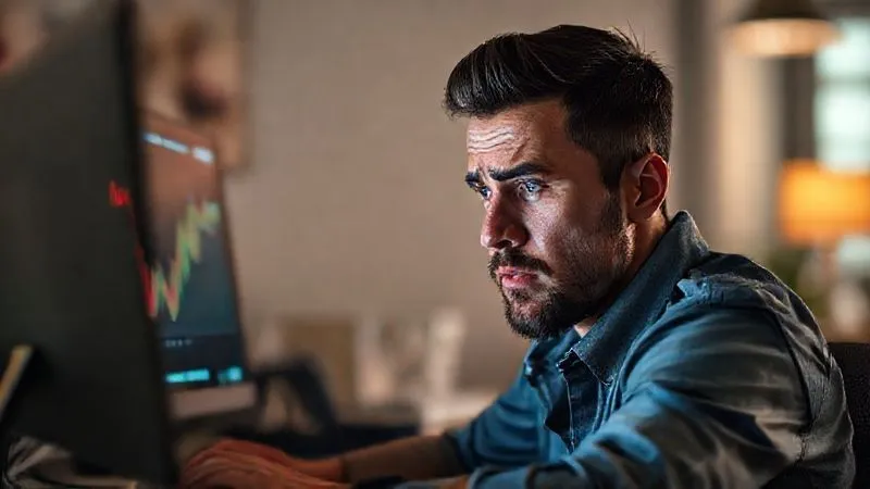 A photorealistic image of a frustrated freelancer looking at a computer screen displaying low sales figures, while a waterfall of free content flows past them, not connecting to a clearly visible sales funnel. Cinematic lighting, sharp focus on the freelancer's face showing slight despair, depth of field blurring the background. 8K hyper-detailed, professional photography, shot on a high-end DSLR.